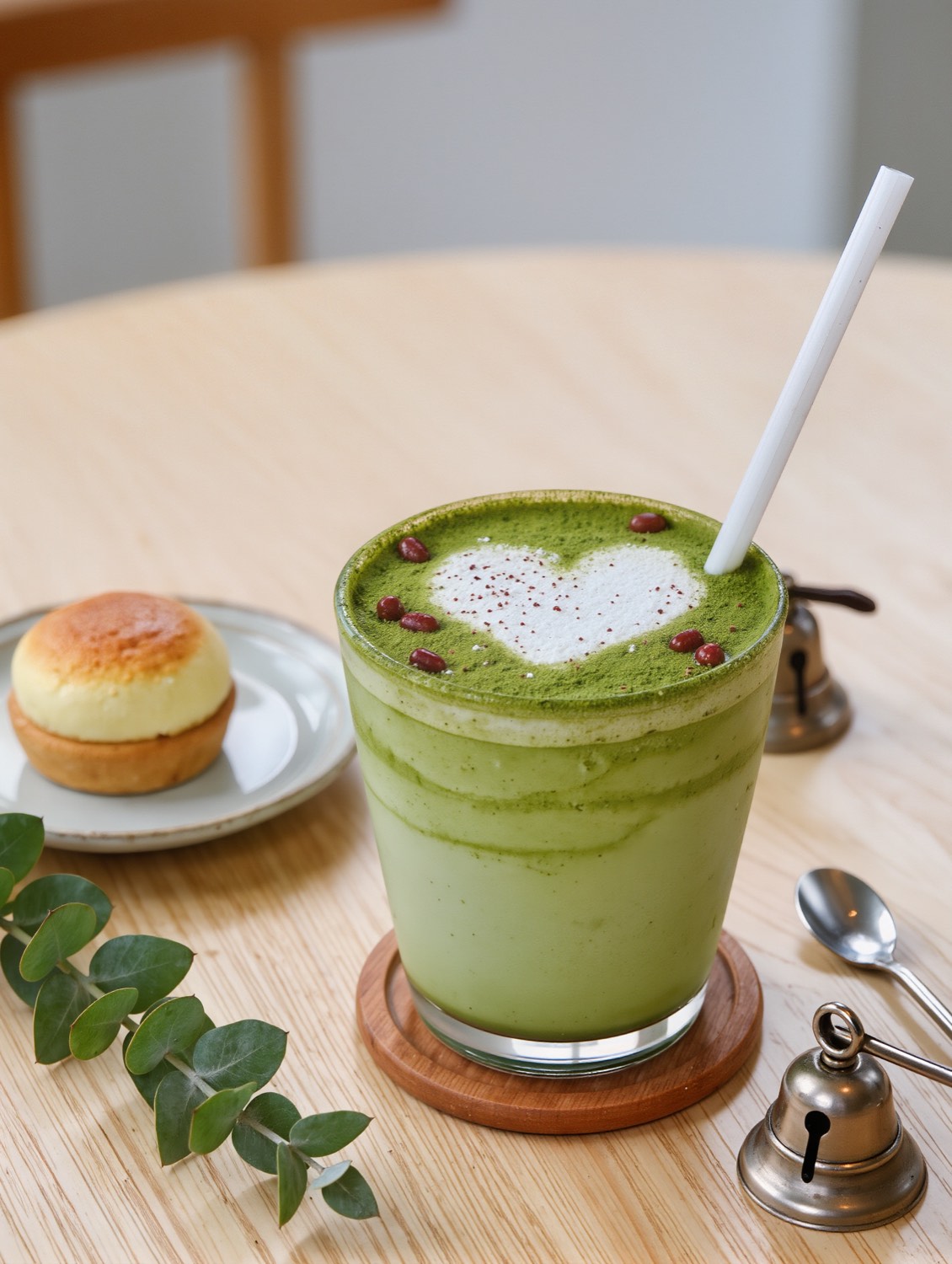A matcha latte with a heart drawn in the foam