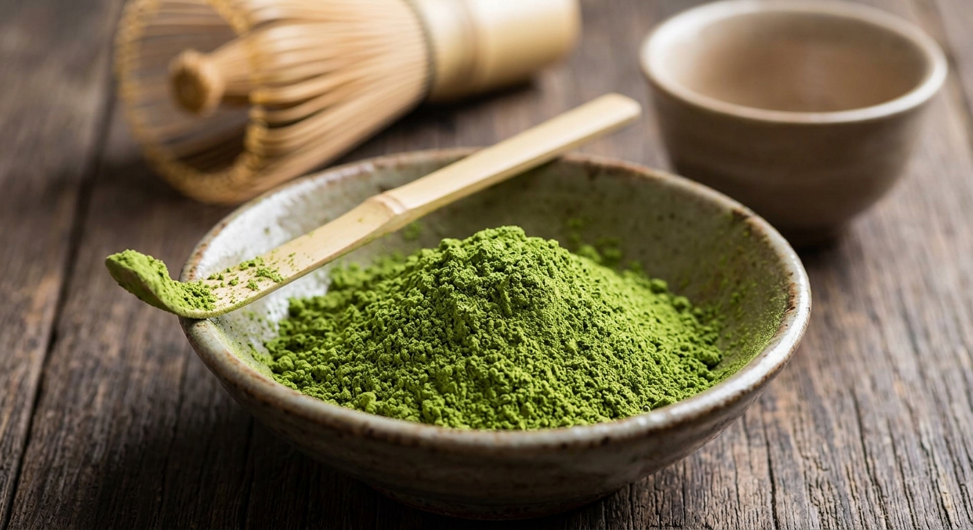 Matcha powder in a ceramic dish beside a bamboo whisk