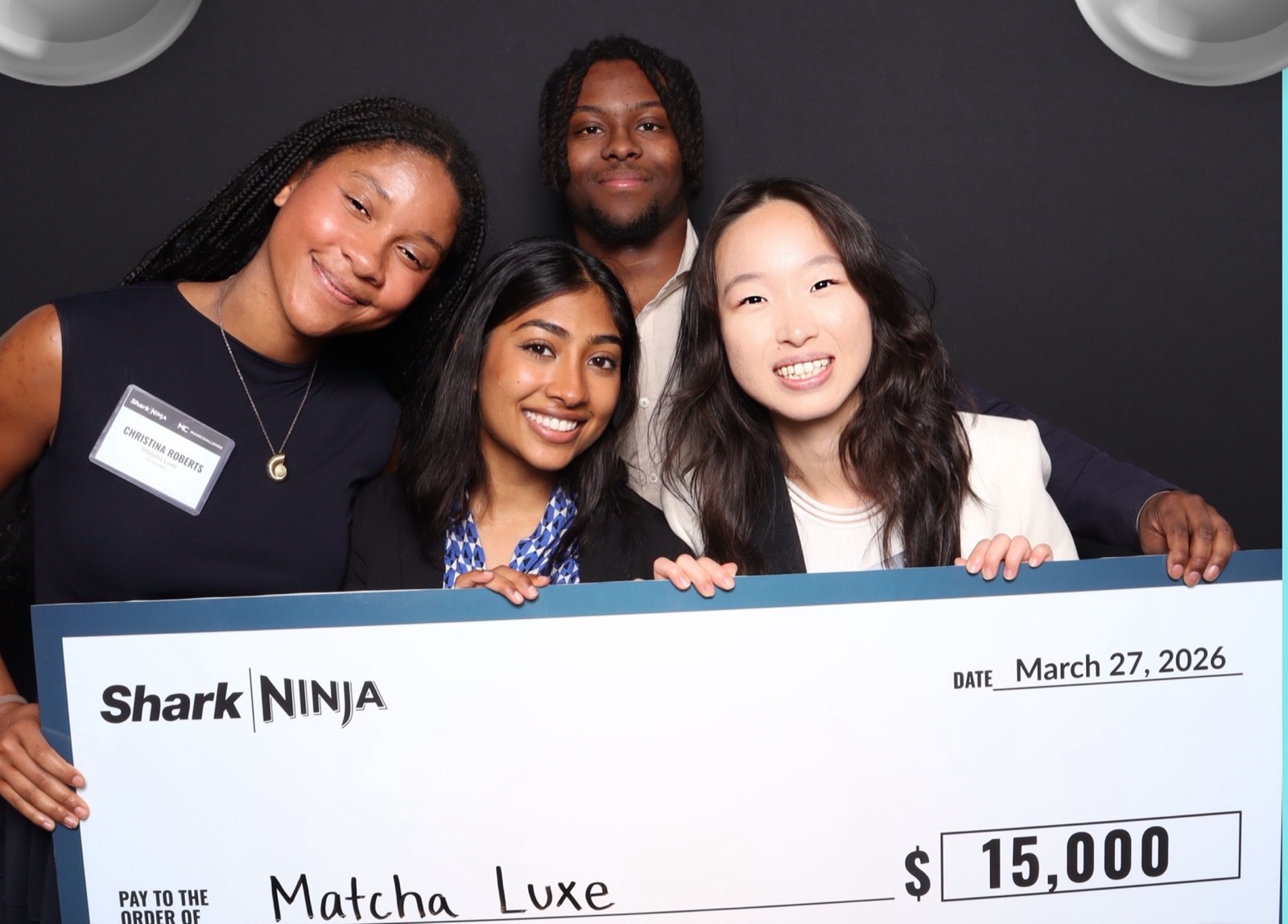 The four-person Matcha Luxe team holding a fifteen thousand dollar SharkNinja Innovation Challenge check